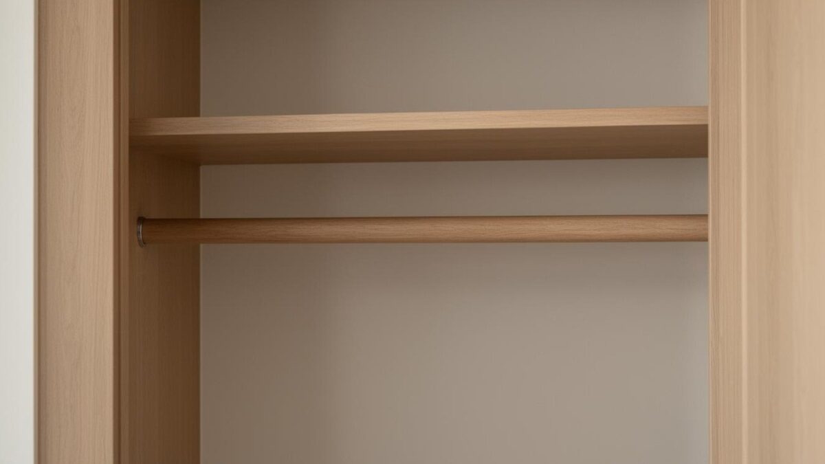 A reach-in closet with a single rod and a shelf above it