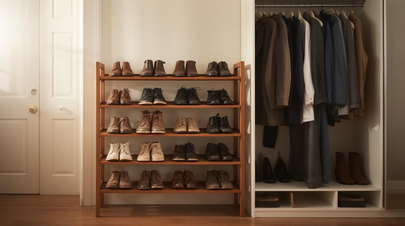 Neat rows of shoes on a wooden rack beside a closet door